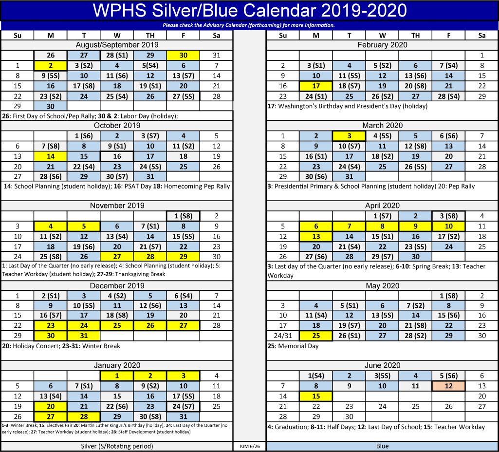 Silver Blue Calendar West Potomac High School