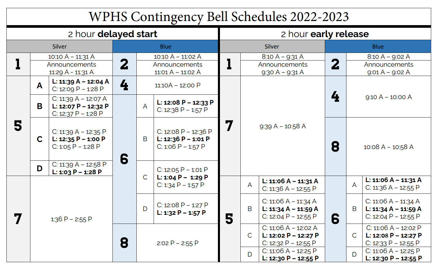 WPHS 2 hour release and delay schedules