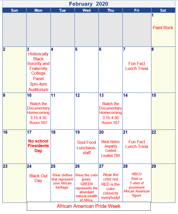 black history month calendar
